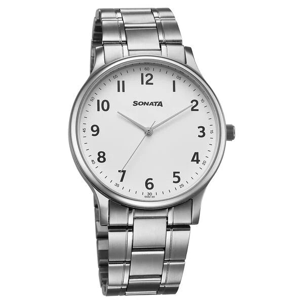 Sonata Aspire Quartz Analog White Dial Watch For Men - 77105SM30W - KRISHNA WATCH COMPANY