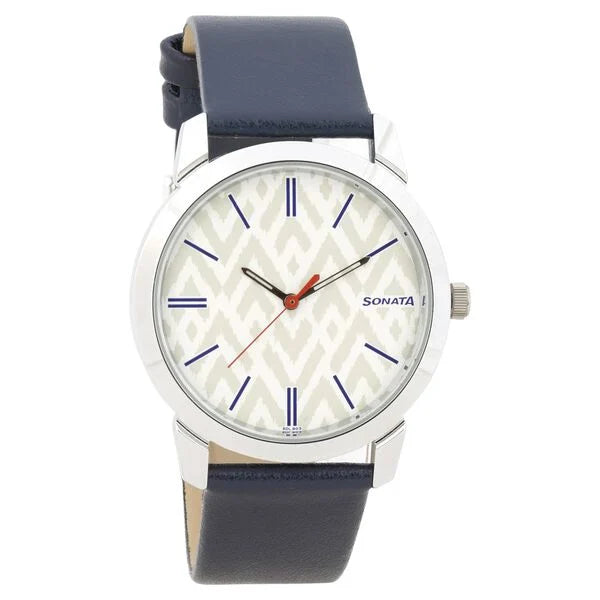 Sonata Knot White Dial Leather Strap Watch for Men  77107sl02