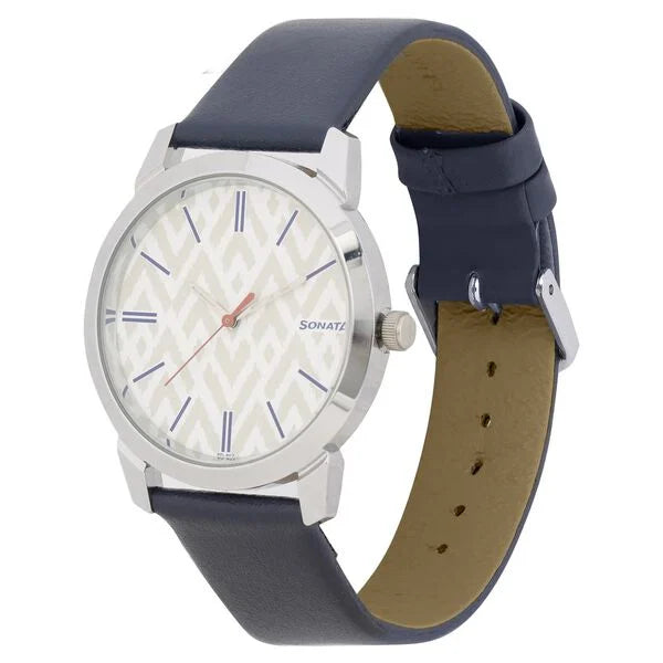 Sonata Knot White Dial Leather Strap Watch for Men 77107sl02