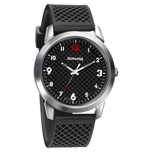Sonata Smart Plaid Quartz Analog Black Dial TPU Strap Watch for Men np77107sp02w - KRISHNA WATCH COMPANY