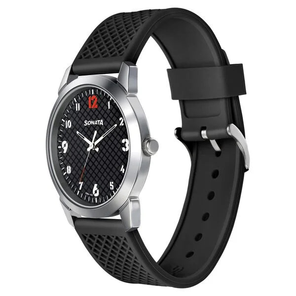 Sonata Smart Plaid Quartz Analog Black Dial TPU Strap Watch for Men np77107sp02w - KRISHNA WATCH COMPANY