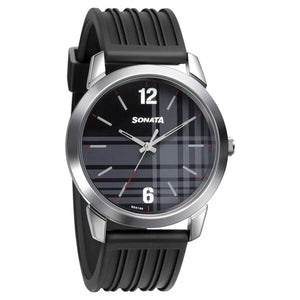 Sonata Smart Plaid Quartz Analog Black Dial TPU Strap Watch for Men 77107sp04w - KRISHNA WATCH COMPANY