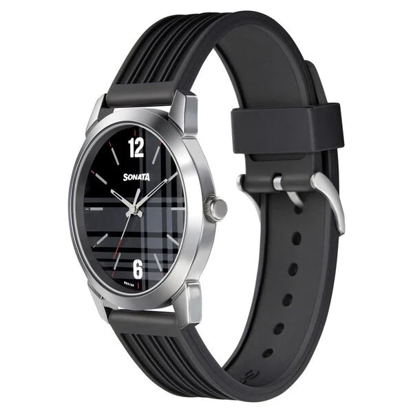 Sonata Smart Plaid Quartz Analog Black Dial TPU Strap Watch for Men 77107sp04w