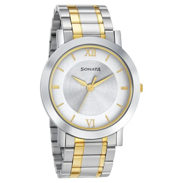 Sonata Quartz Analog with Date Silver Dial Stainless Steel Strap Watch for Men 77108BM02W