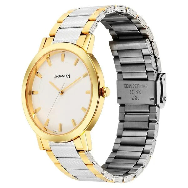 Sonata Utsav Quartz Analog White Dial Stainless Steel Strap Watch for Men 77108bm05 - KRISHNA WATCH COMPANY