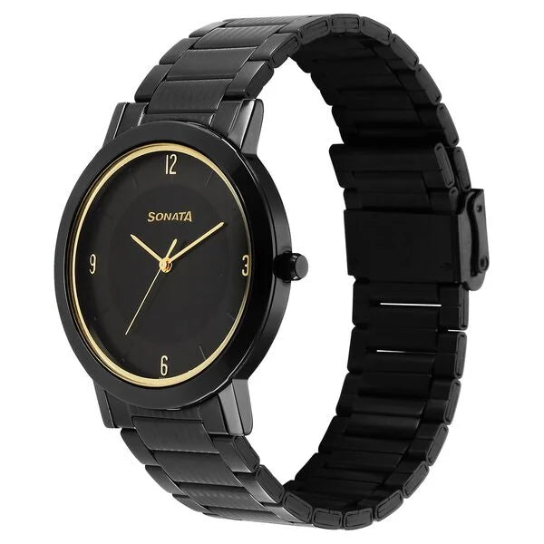 Sonata Utsav Quartz Analog Black Dial Stainless Steel Strap Watch for Men 77108nm02 - KRISHNA WATCH COMPANY