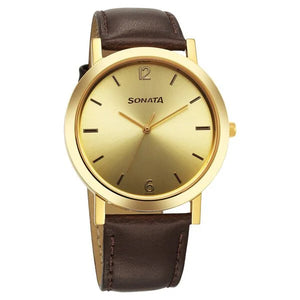Sonata Utsav Quartz Analog Champagne Dial Watch for Men - 77108YL03 - KRISHNA WATCH COMPANY