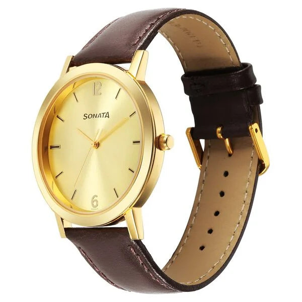 Sonata Utsav Quartz Analog Champagne Dial Watch for Men - 77108YL03 - KRISHNA WATCH COMPANY