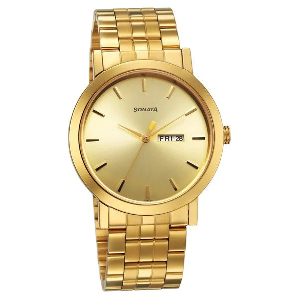 Sonata Utsav Champagne Dial Watch for Men - 77108YM07 - KRISHNA WATCH COMPANY