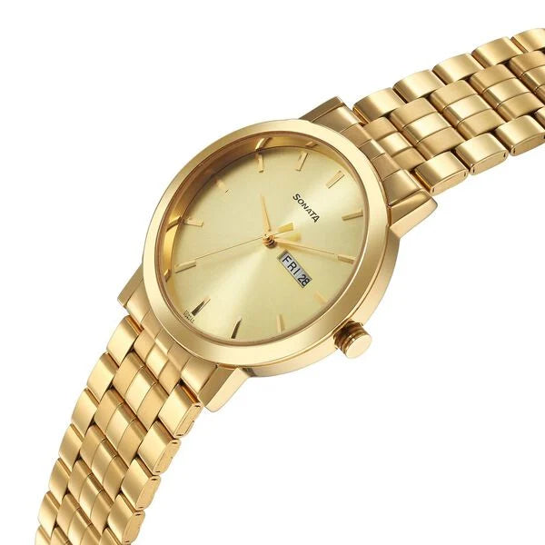 Sonata Utsav Champagne Dial Watch for Men - 77108YM07 - KRISHNA WATCH COMPANY