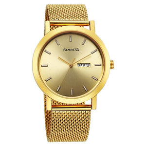 Sonata Utsav Quartz Analog with Day and Date Champagne Dial Stainless Steel Strap Watch for Men 77108ym09 - KRISHNA WATCH COMPANY