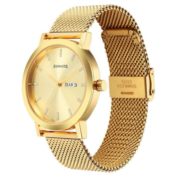 Sonata Utsav Quartz Analog with Day and Date Champagne Dial Stainless Steel Strap Watch for Men 77108ym09 - KRISHNA WATCH COMPANY