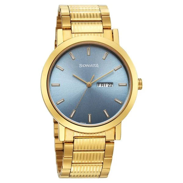 Sonata Utsav Quartz Analog with Day and Date Blue Dial Stainless Steel Strap Watch for Men 77108YM10 - KRISHNA WATCH COMPANY