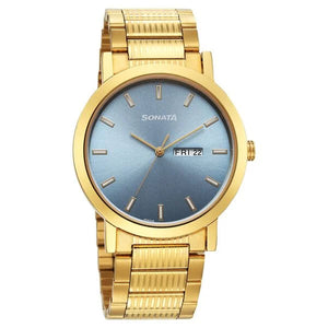 Sonata Utsav Quartz Analog with Day and Date Blue Dial Stainless Steel Strap Watch for Men 77108YM10 - KRISHNA WATCH COMPANY
