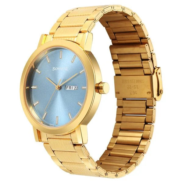 Sonata Utsav Quartz Analog with Day and Date Blue Dial Stainless Steel Strap Watch for Men 77108YM10 - KRISHNA WATCH COMPANY