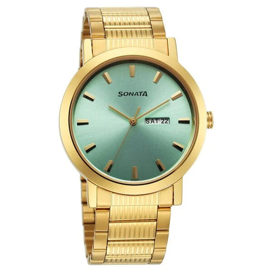 Sonata Utsav Quartz Analog with Day and Date Green Dial Stainless Steel Strap Watch for Men 77108YM12