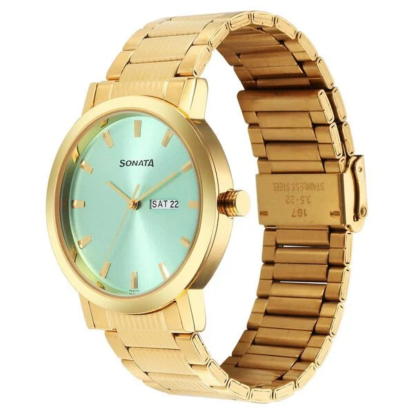 Sonata Utsav Quartz Analog with Day and Date Green Dial Stainless Steel Strap Watch for Men 77108YM12 - KRISHNA WATCH COMPANY