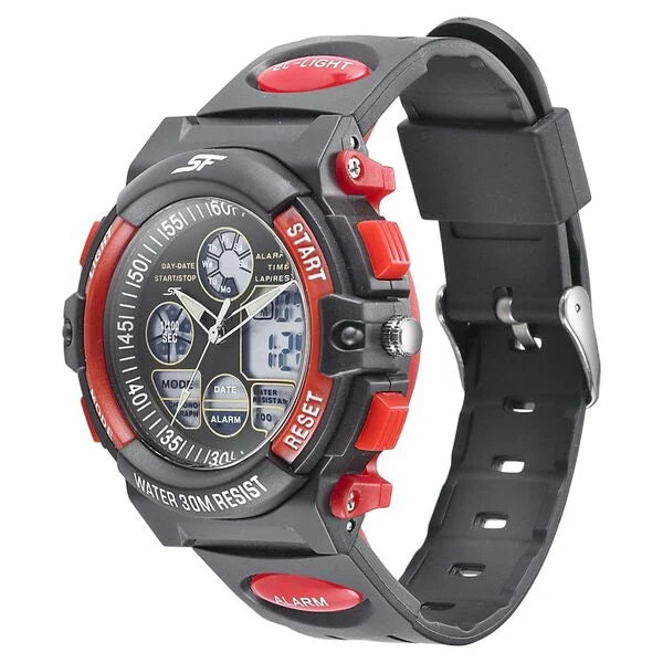 SF Quartz Analog Digital Black Dial PU Strap Watch for Men 77116pp03w