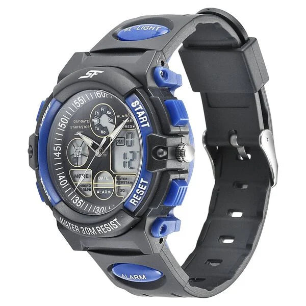 SF Quartz Analog Digital Black Dial PU Strap Watch for Men 77116pp04w