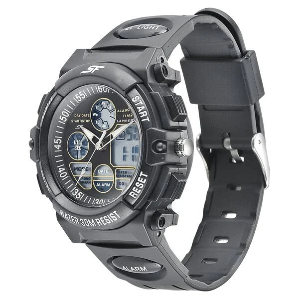 SF Hustler Quartz Digital Analog Digital Black Dial Black PU Strap Watch For Men 77116pp05w