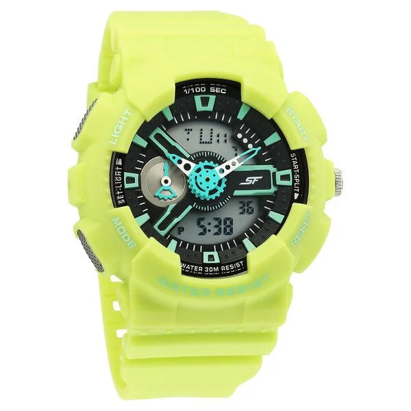 SF Dreamer Series Quartz Digital Analog Digital Black Round Dial Green Plastic Strap Watch For Men 77132pp09w