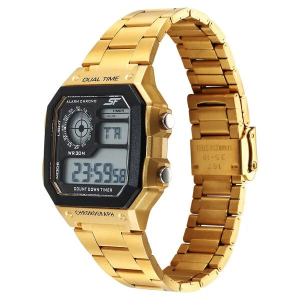 SF Digital Dial Golden Stainless Steel Strap Watch For Unisex 77134pm03w