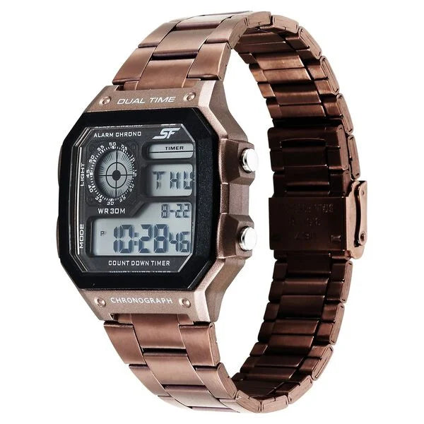 Sonata Hexa Digital Black Dial Brown Color Stainless Steel Strap Watch For Unisex 77134pm05w