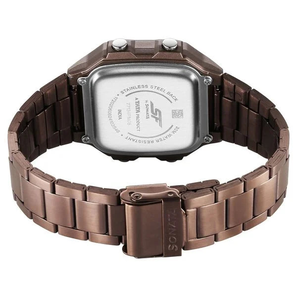 Sonata Hexa Digital Black Dial Brown Color Stainless Steel Strap Watch For Unisex 77134pm05w