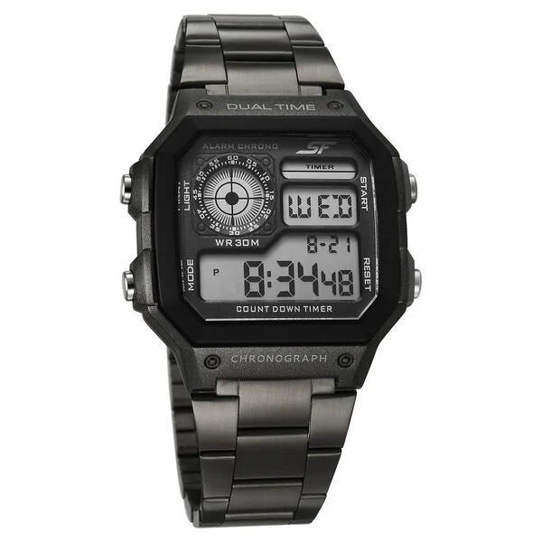 Sonata Hexa Digital Black Dial Grey Color Stainless Steel Strap Watch For Unisex 77134pm06w