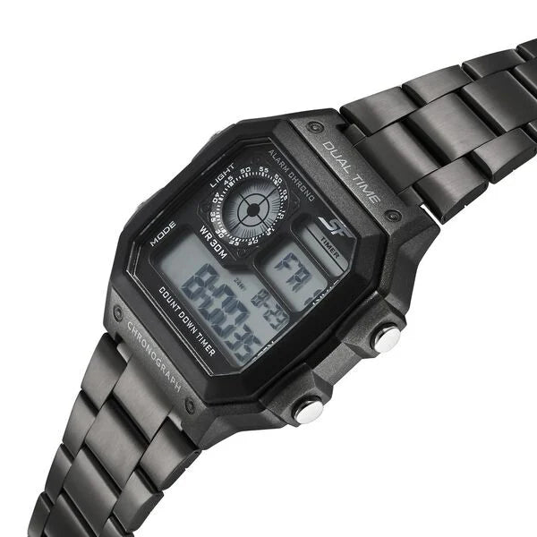 Sonata Hexa Digital Black Dial Grey Color Stainless Steel Strap Watch For Unisex 77134pm06w