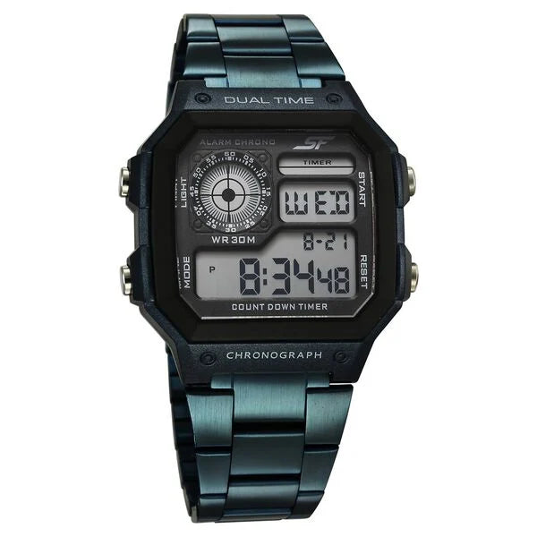 Sonata Hexa Digital Black Dial Blue Color Stainless Steel Strap Watch For Unisex 77134pm07w