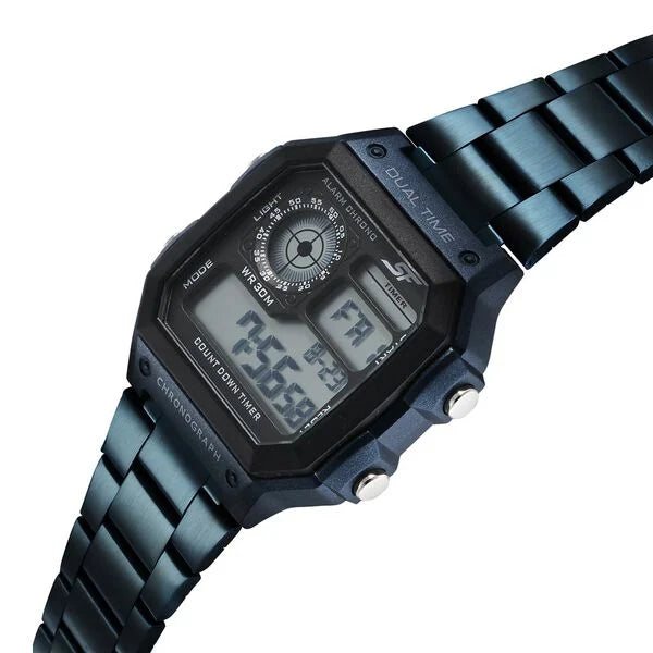 Sonata Hexa Digital Black Dial Blue Color Stainless Steel Strap Watch For Unisex 77134pm07w