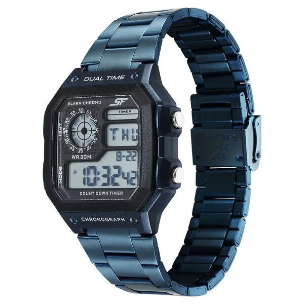 Sonata Hexa Digital Black Dial Blue Color Stainless Steel Strap Watch For Unisex 77134pm07w
