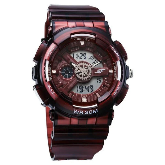 Sonata SF Spectra Quartz Digital Maroon Dial Translucent Maroon Polyether Strap Watch For Men 77137pp07