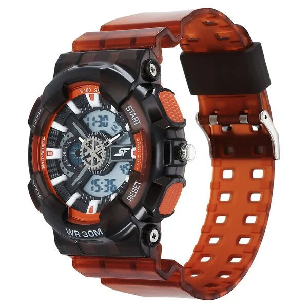 Sonata SF Spectra Quartz Digital Black Dial Translucent Orange PU Strap Watch For Men 77137pp10 - KRISHNA WATCH COMPANY