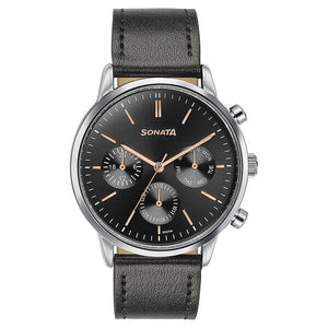 Sonata Quartz Multifunction Black Dial Black Leather Strap Watch For Men 77139sl03 - KRISHNA WATCH COMPANY