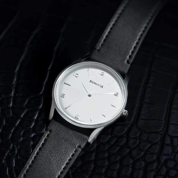 Sonata Quartz Analog Silver Dial Black Leather Strap Watch For Men 77140sl01 - KRISHNA WATCH COMPANY
