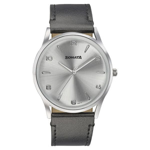 Sonata Quartz Analog Silver Dial Black Leather Strap Watch For Men 77140sl01 - KRISHNA WATCH COMPANY