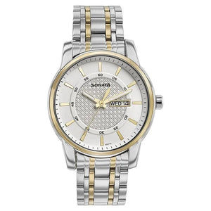 Sonata Quartz Analog with Day and Date White Dial Two Toned Stainless Steel Strap Watch For Men 77141bm01 - KRISHNA WATCH COMPANY