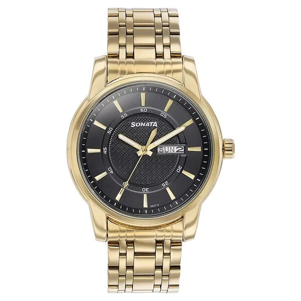 Sonata Quartz Analog with Day and Date Black Dial Golden Stainless Steel Strap Watch For Men 77141ym01 - KRISHNA WATCH COMPANY