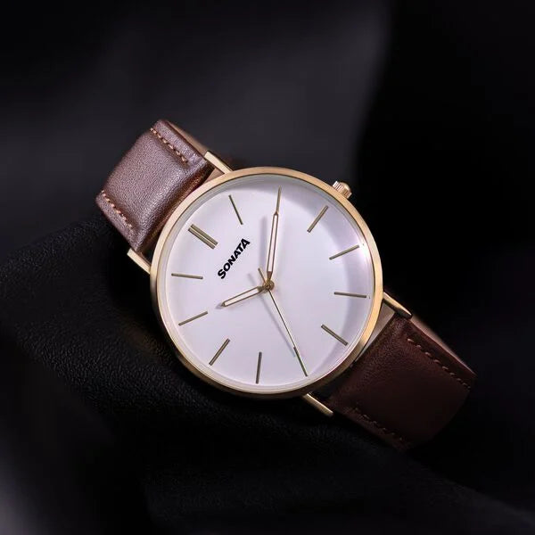 Sonata Quartz Analog White Dial Brown Leather Strap Watch For Men 77143yl01
