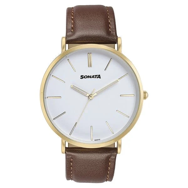 Sonata Quartz Analog White Dial Brown Leather Strap Watch For Men 77143yl01