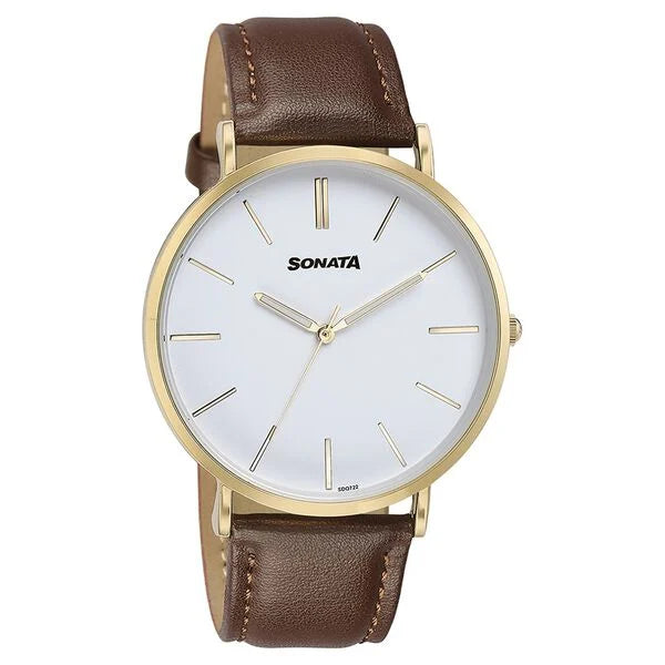 Sonata Quartz Analog White Dial Brown Leather Strap Watch For Men 77143yl01