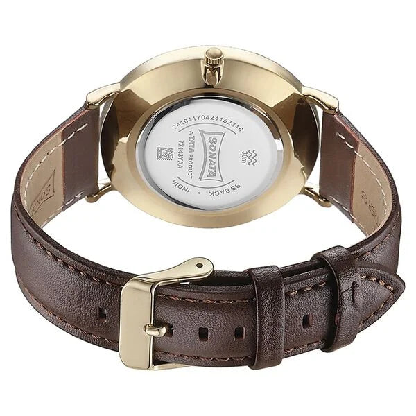 Sonata Quartz Analog White Dial Brown Leather Strap Watch For Men 77143yl01