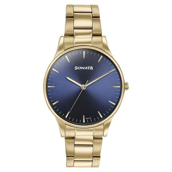 Sonata Quartz Analog Blue Dial Golden Stainless Steel Strap Watch For Men - 77144YM01