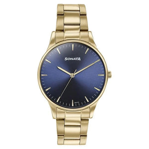 Sonata Quartz Analog Blue Dial Golden Stainless Steel Strap Watch For Men - 77144YM01 - KRISHNA WATCH COMPANY