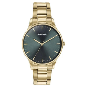 Sonata Quartz Analog Green Dial Golden Stainless Steel Strap Watch For Men 77144YM04 - KRISHNA WATCH COMPANY