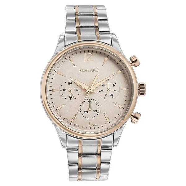 Sonata Quartz Multifunction Pink Dial Two Toned Stainless Steel Strap Watch For Men 77146km01 - KRISHNA WATCH COMPANY