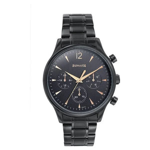 Sonata Quartz Multifunction Black Dial Black Stainless Steel Strap Watch For Men 77146nm01 - KRISHNA WATCH COMPANY
