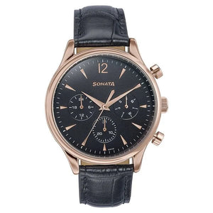 Sonata Wedding Edit Quartz Multifunction Black Dial Leather Strap Watch For Men 77146wl02 - KRISHNA WATCH COMPANY